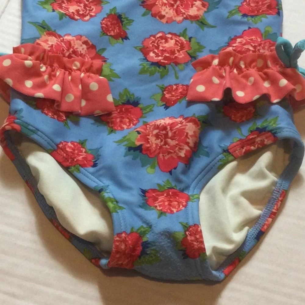 Matilda Jane Blue Floral One-Piece Swimsuit with Coral Ruffles and Yellow Trim